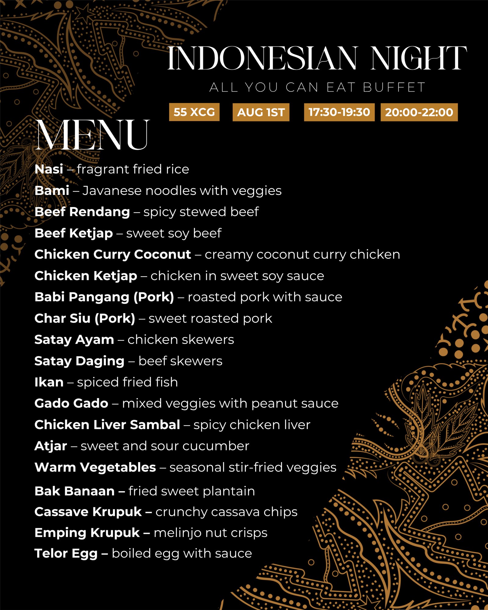 Menu for the August 1 Indonesian Night buffet at Omundo