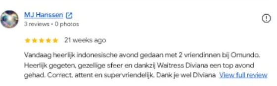 Five-star Google review from M J Hanssen about Indonesian Night at Omundo