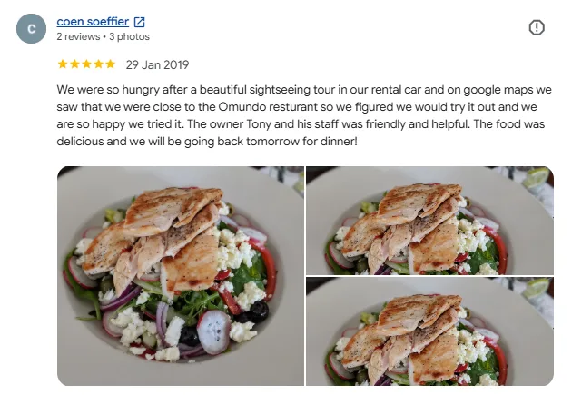 Five-star Google review from Coen Soeffier about friendly service and delicious food at Omundo
