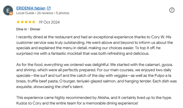 Five-star Google review from Eridenia Fabian praising Omundo’s service, cocktails and food