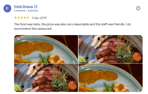 Five-star Google review from Frank Strauss recommending Omundo for tasty food, fair prices and friendly staff