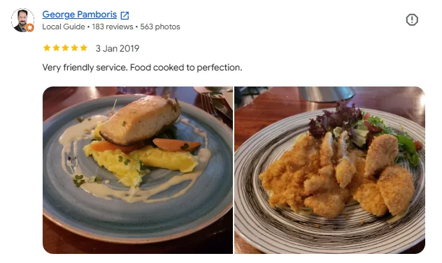 Five-star Google review from George Pamboris about friendly service and perfectly cooked food at Omundo