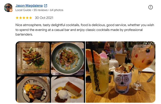 Five-star Google review from Jason Magdalena about Omundo’s atmosphere, cocktails, food and service
