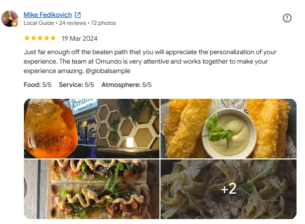 Five-star Google review from Mike Fedikovich about Omundo’s attentive team and personalized dining experience
