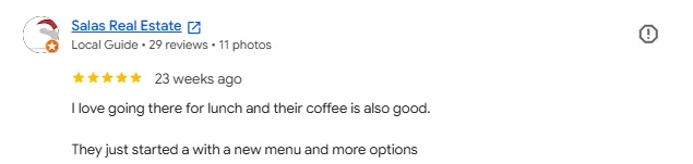Five-star Google review from Salas Real Estate about lunch, coffee and the new menu at Omundo