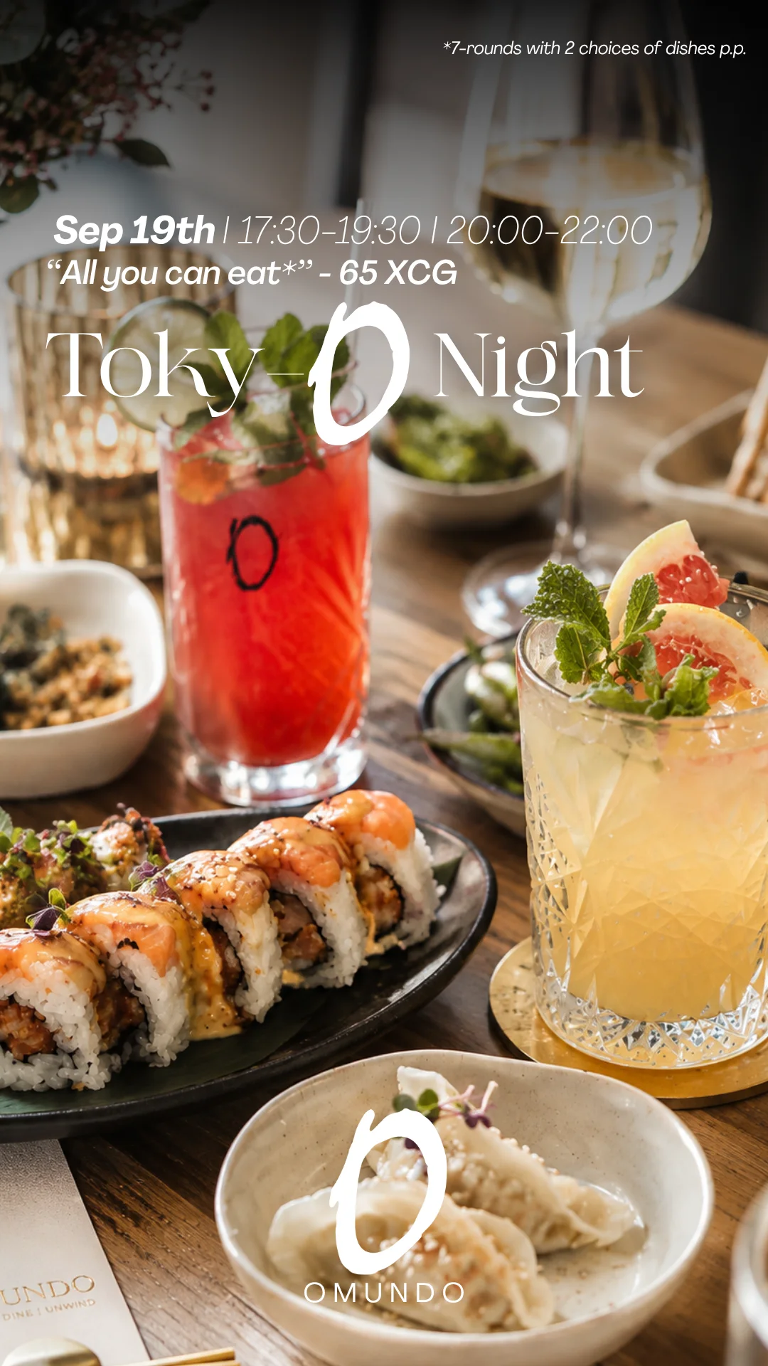 Tokyo Night September 19 event graphic featuring cocktails and sushi at Omundo Curaçao