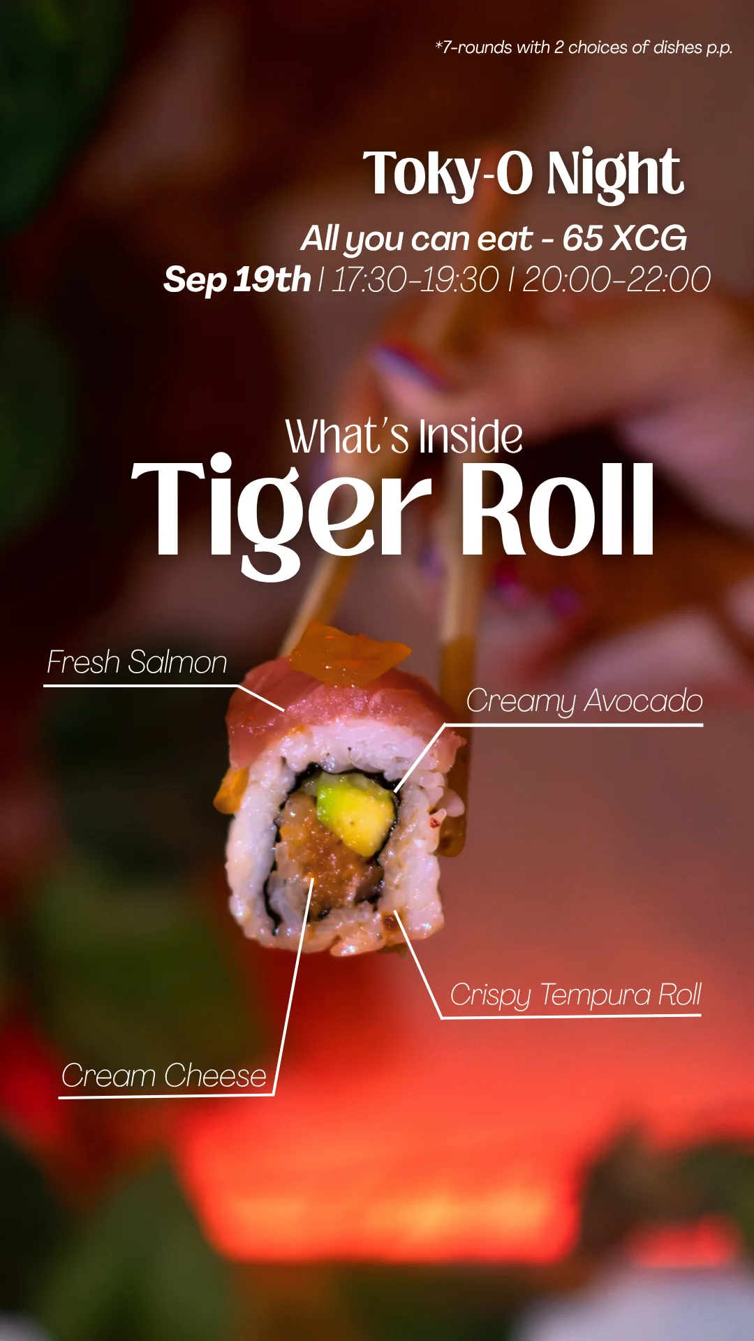 Tiger Roll ingredients graphic for Tokyo Night at Omundo Curaçao