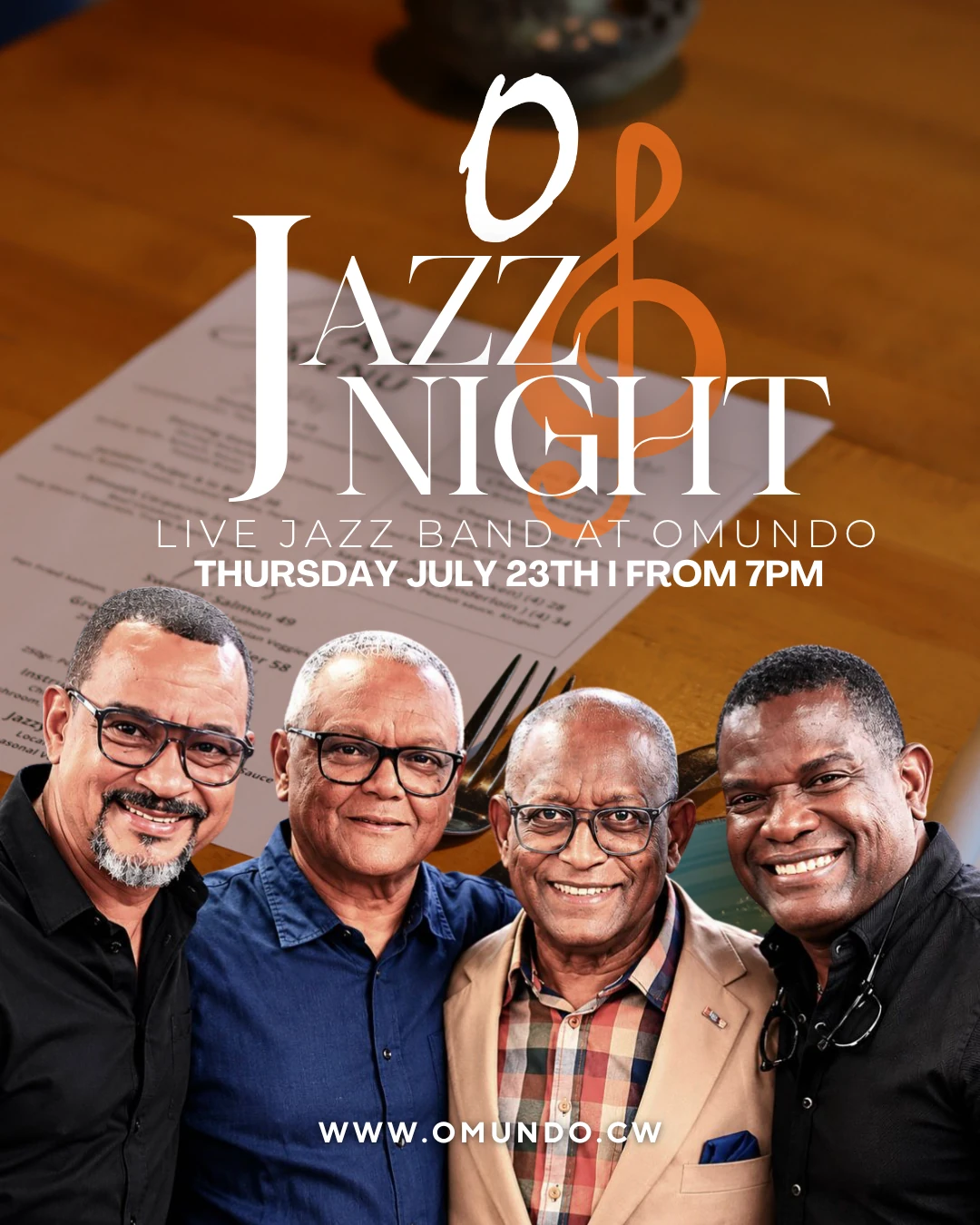 Live jazz band performing at Omundo Curaçao on Thursday, July 23, 2026