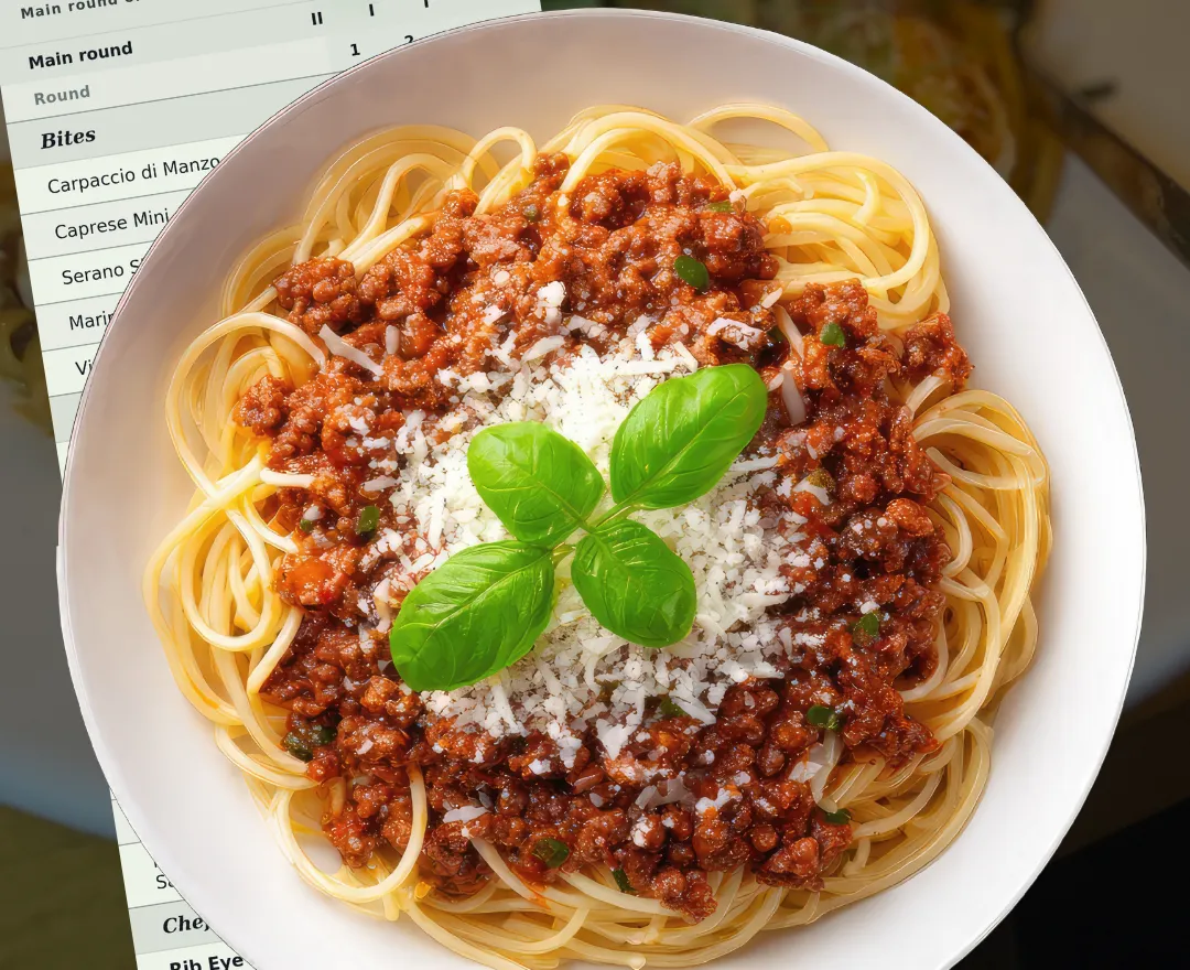 Classic Bolognese vista de cima: espaguete com molho de carne, queijo ralado e manjericão, ao lado do cartão de pedido