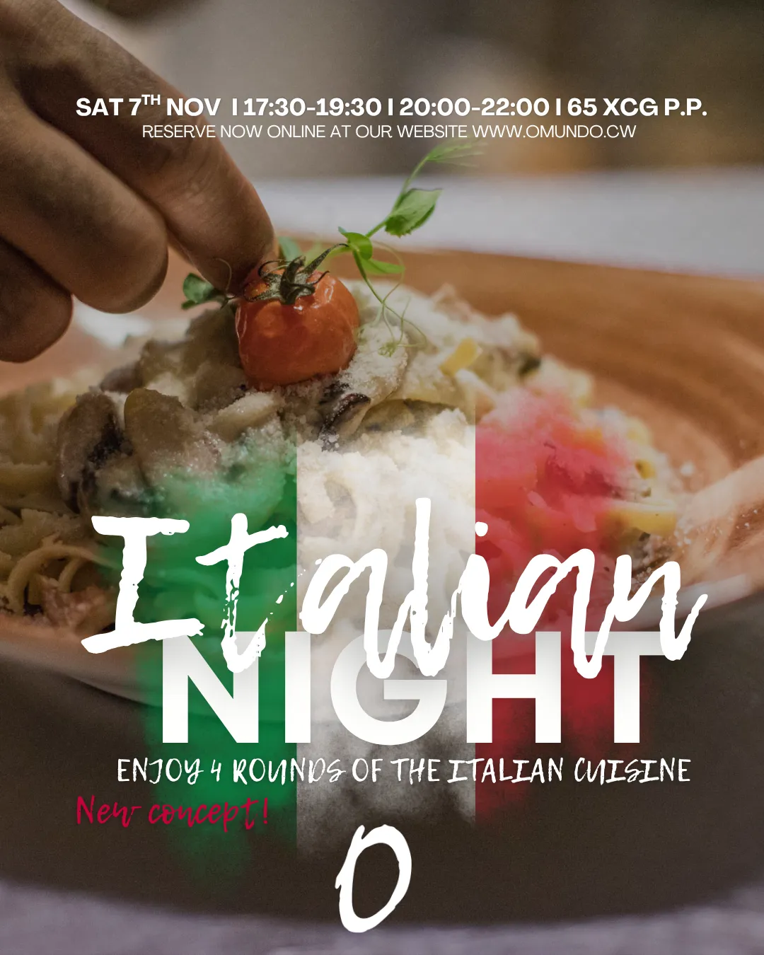 Folheto da campanha: um chef finalizando um prato de massa; Italian Night, 4 rodadas de cozinha italiana, novo conceito, 65 XCG por pessoa