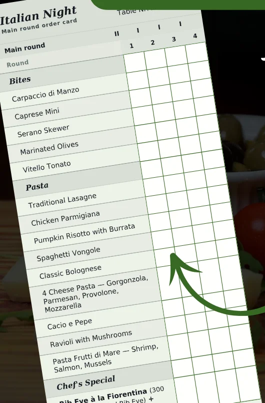 O cartão de pedido da Italian Night: uma lista impressa de petiscos, massas e o chef’s special, com caixas de marcação em quatro colunas para as rodadas 1 a 4