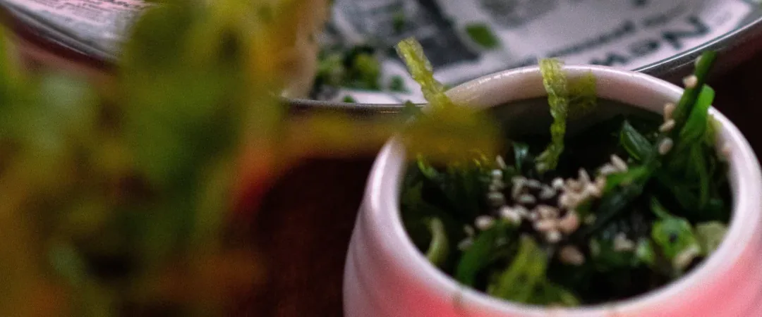 Salada de algas com gergelim em uma tigelinha rosa